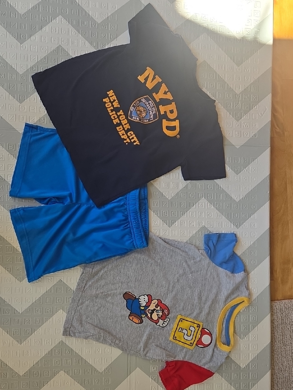 Boys Navy NYPD Tee & Super Mario Tee With  Lt Blue Shorts